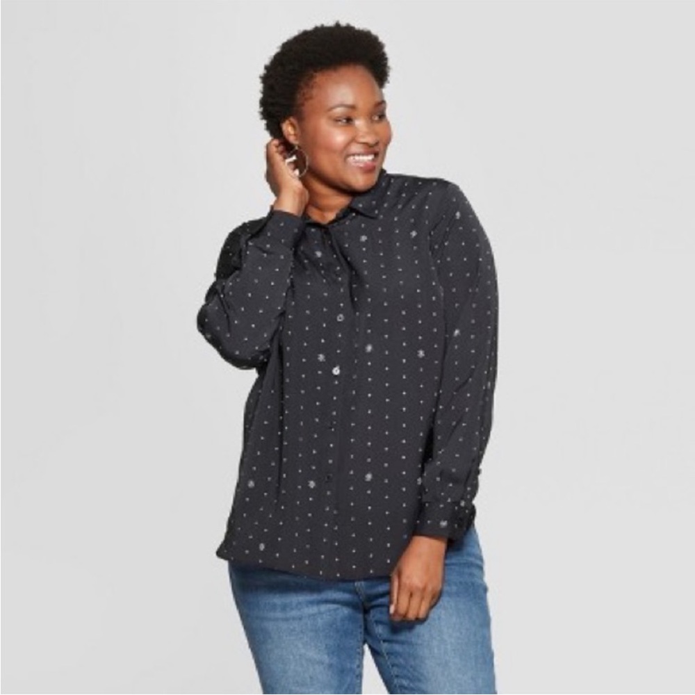 Ava & Viv Size 2X Star Long Sleeve Buttoned Up High-Low Star Patterned Blouse